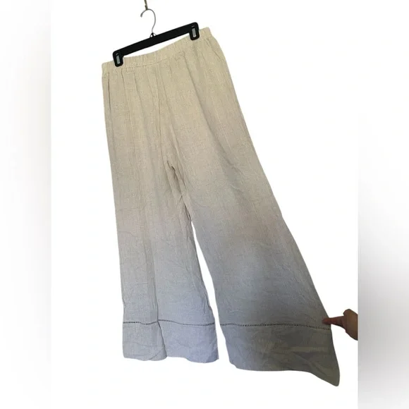 NWOT Umgee High Waisted Beige Linen Wide Leg Crochet Detail Pants Size L - Picture 7 of 7